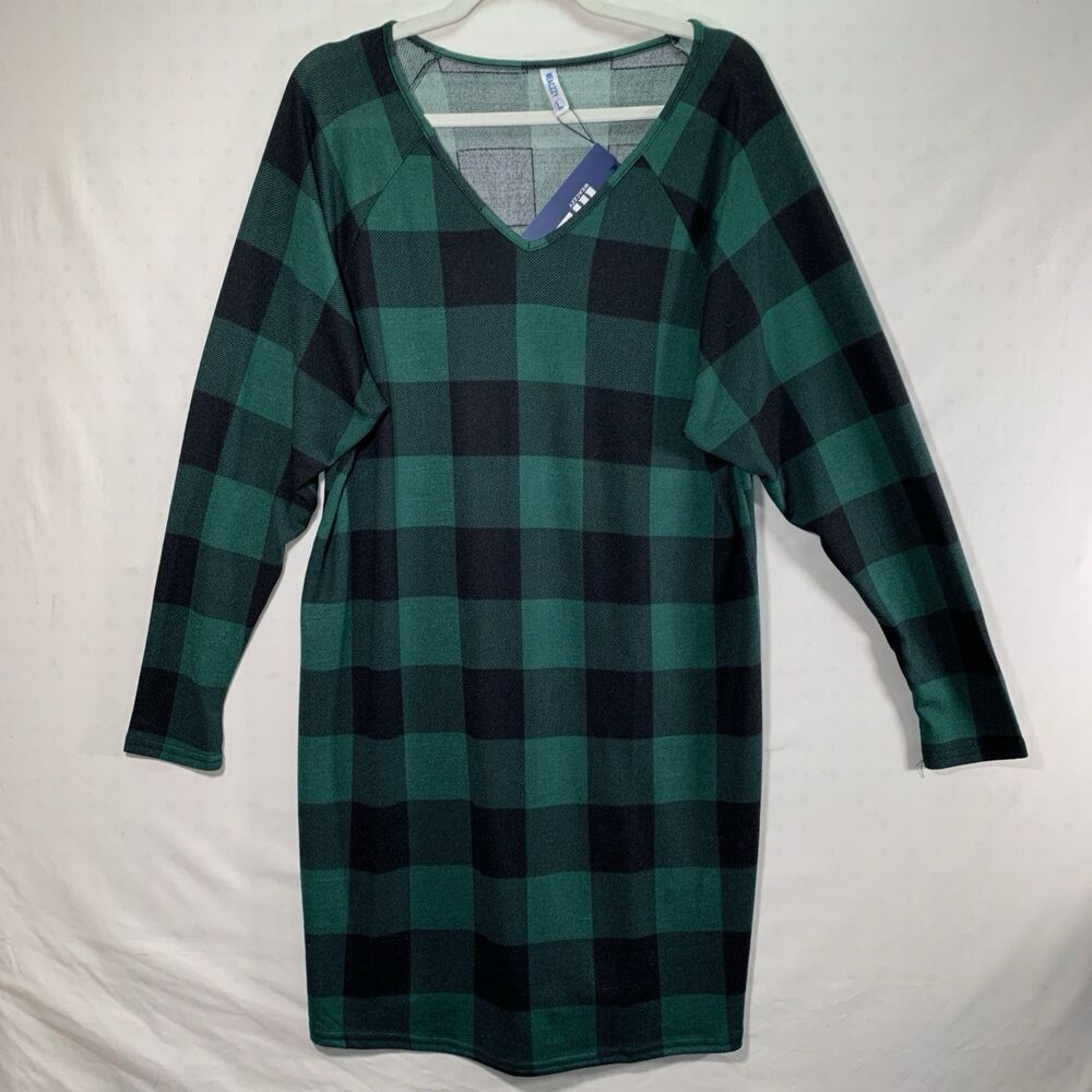 Women’s Y2K Style Green/Black Plaid Academia Shift Dress Size L NWT